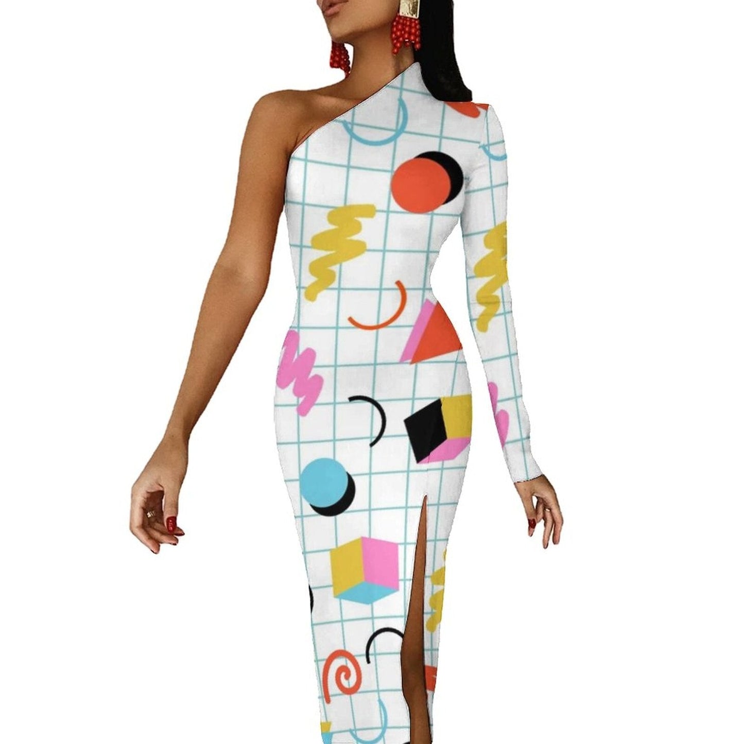 Memphis Retro Maxi Dress Long Sleeve Geometric Colorful Cute Bodycon Dress High Slit Streetwear Long Dresses Print Vestido