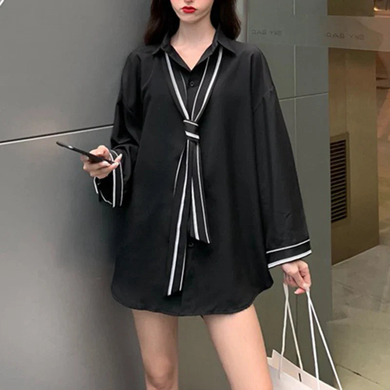 vmtvr Dark Academic Women Chiffon Shirts Korean Fashion Nine Quarter Sleeve Loose Tops Summer Streetwear Female Y2K Black Blouse