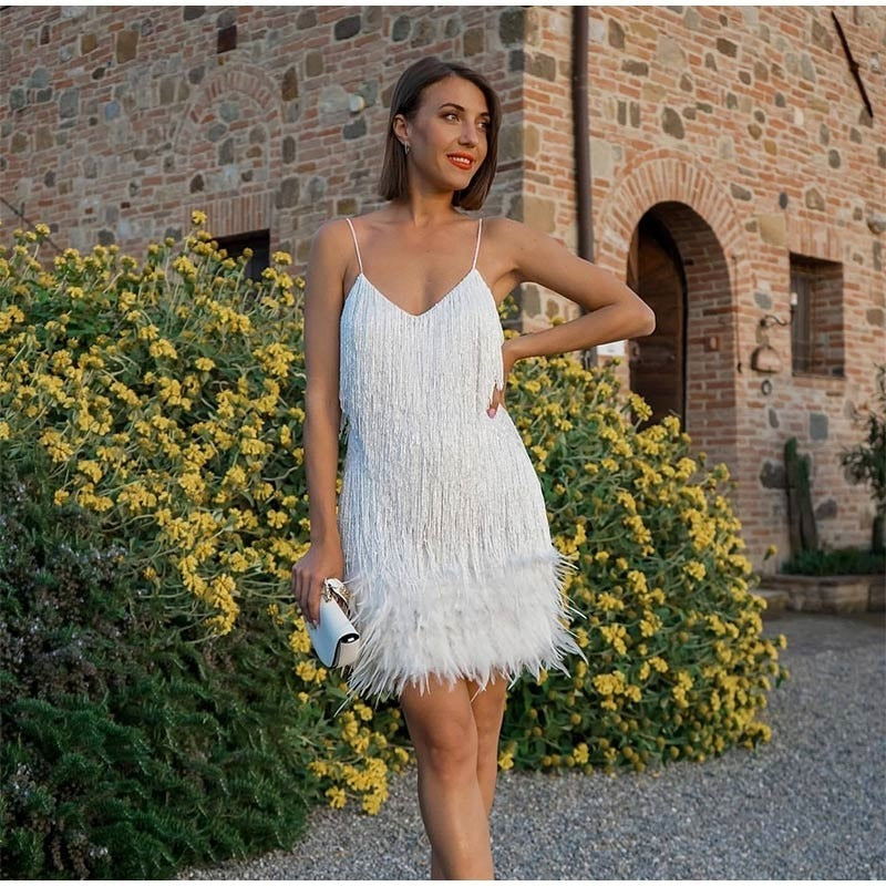 vmtvr Dress Summer Slim V-Neck Off Shoulder Dresses Sexy Women&#39;s Fringed Sequin Feather Stitching Female Backless Slip Mini Robe