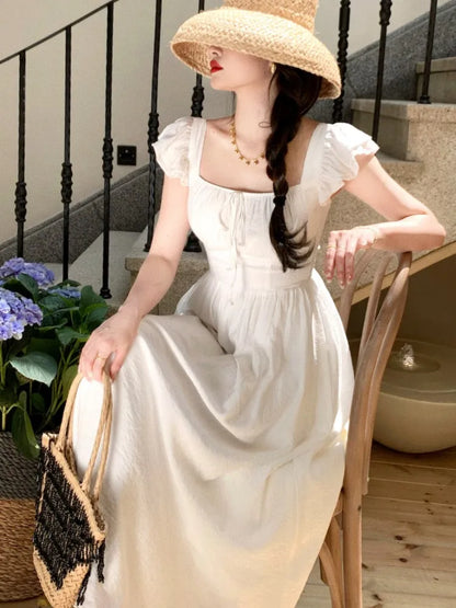 vmtvr Elegant Vintage Midi Dresses for Women Summer New Square Collar High Waist Princess Party Dress Casual A-line Vestido Mujer