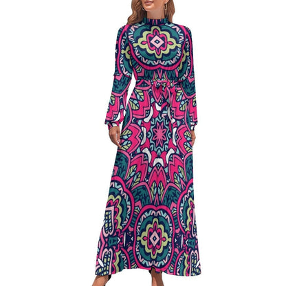 vmtvr - Ethnic Bohemia Dress Retro Floral Print Basic Beach Dresses Female Long Sleeve High Neck Elegant Long Maxi Dress