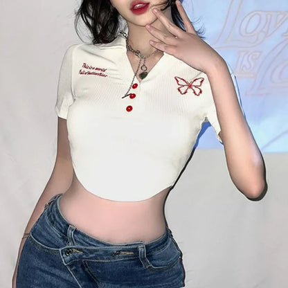 vmtvr Summer Women Sexy Short Sleeve T-shirt Butterfly Embroidery Fashion Short Tees Female Clothing Students New Slim Casual Crop Top