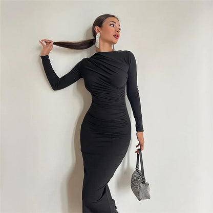 Autumn Elegant Ruched Long Bodycon Dress Fashion Outfits for Women Club Party Slinky Sexy Dresses Birthday Robes