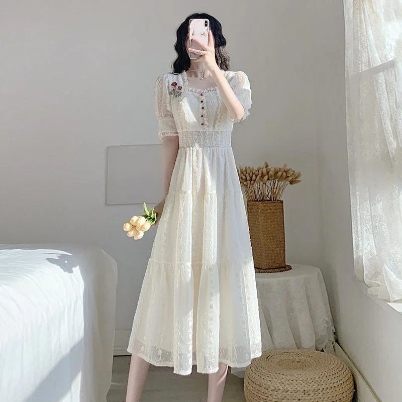 Vintage Lace Fairy Midi Dress Women 2024 Summer French Floral Elegant Party Princess Dress Ladies Party One-piece Dress Korean