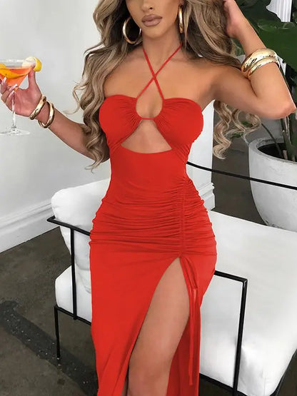 vmtvr Hot Summer Sexy Halter Backless Sleeveless Cut Out Maxi Dress for Women Elegant Club Party Slit Dresses Vestido