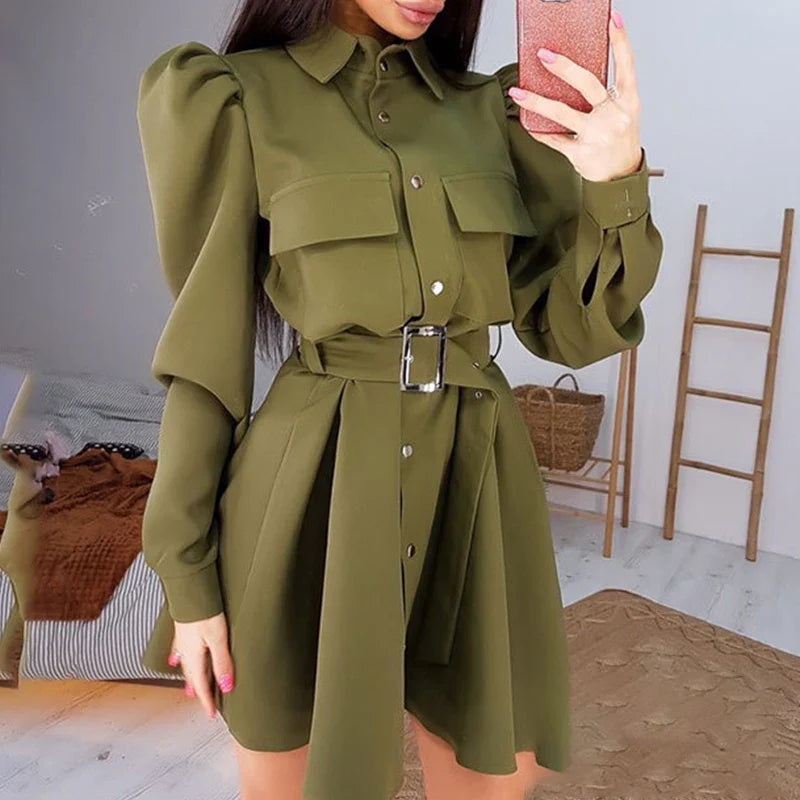 vmtvr Vintage Loose Women Solid Dresses Female Lapel Collar Puff Long Sleeve A-line Dress Fall Winter Loose Button Tie-up Mini Dress