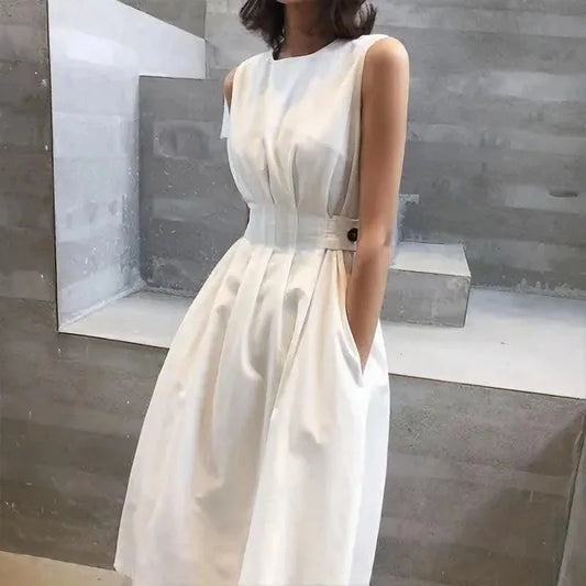 vmtvr Elegant Women White Loose Pockets Casual O-Neck Waist Dress Office Ladies 2024 Summer Sleeveless Midi Dress Vestidos