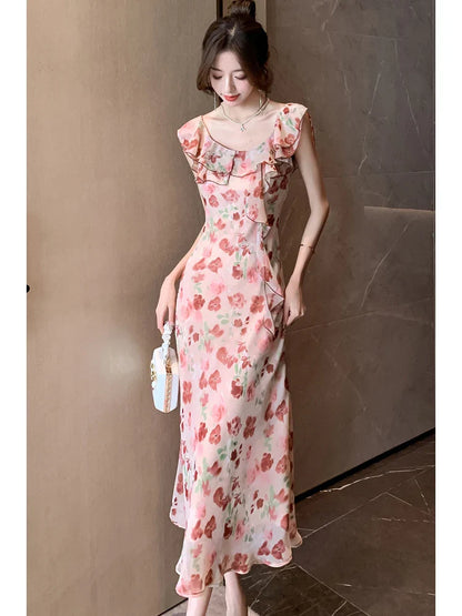 vmtvr Korean Fashion Floral Chiffon Ruffled Sling Long Dress Women Summer Elegant Casual Holiday Beach Dress 2024 Chic Luxury Vestidos