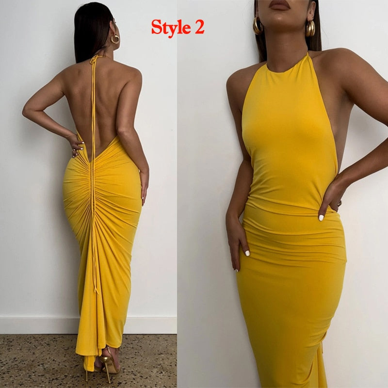 vmtvr - Green Backless Maxi Dress Elegant Halter Ruched Evening Party Dresses for Women Summer Sleeveless Slim Long Club Outfits