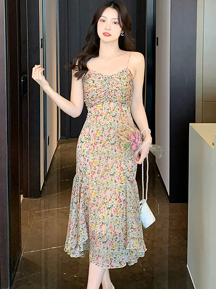 vmtvr 2024 Elegant Chic Fancy Women's Dress Korean Fashion Casual Sling Beach Long Dress Summer Bodycon Ruffled Mermaid Evening Dress