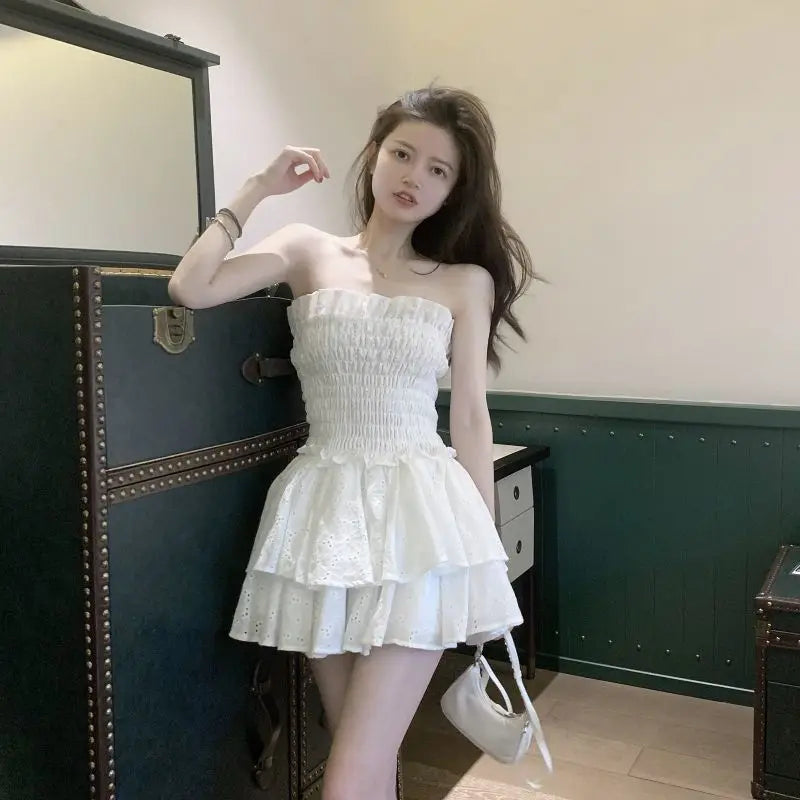 vmtvr Fashion Folds Women Dress Summer Casual Sexy Off Shoulder Female Mini Dresses Y2K Korean Cute Prom Dresses Dress New