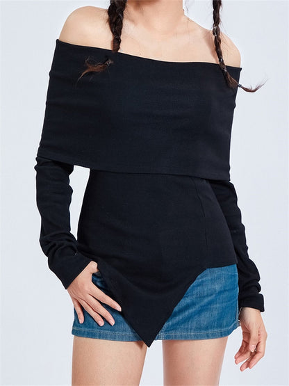 -Fall Outfits Long Sleeve Top  Sexy Women Knitted Ribbed T-shirts Tops Long Sleeve Off-shoulder Slash Neck Irregular Hem Solid Slim Tees Shirts