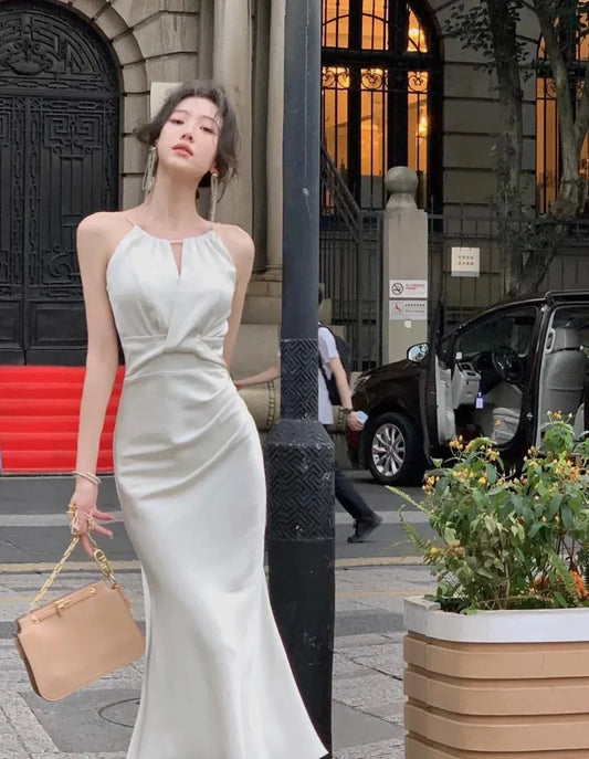 vmtvr Korean Chic Solid Party Prom Dress Elegant Sleeveless Wedding Mermaid Robe Women Sexy Hollow Out Evering Vestidos Summer Clothes