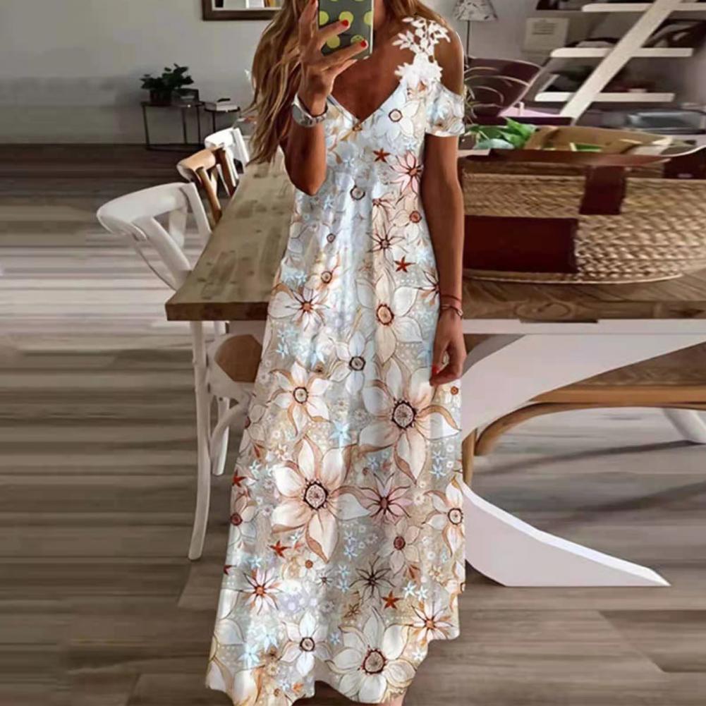 vmtvr Women Floral Print Maxi Dress Boho Lace Sling Hollow Out A Line Long Dress Ladies Casual Loose V-Neck Beach Party dress Vestidos