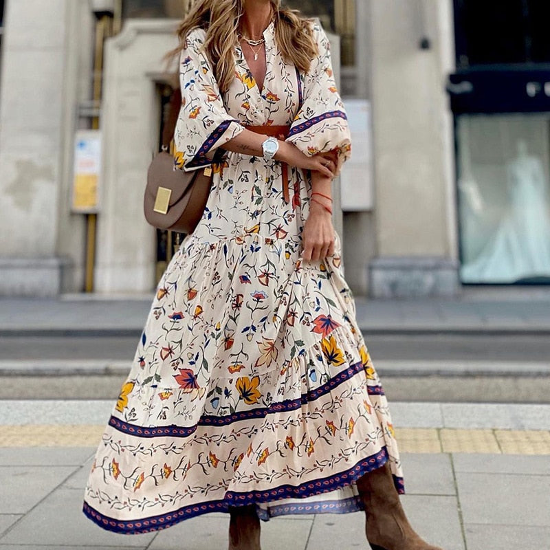 vmtvr - Elegant Floral Print Holiday Boho Long Dress 2023 New Spring Casual Beach Dress Feminine V-Neck Half-Sleeve Ruffled Waist Dress