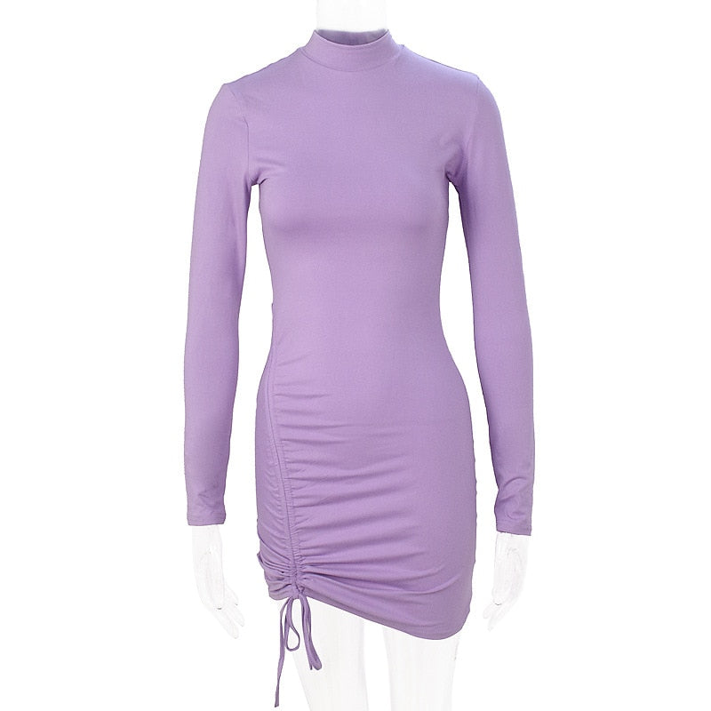 vmtvr -  Spring Autumn Sexy Party Dress Women Long Sleeve Ruched Bodycon Black Purple Turtleneck Bandage Mini Dresses vestidos