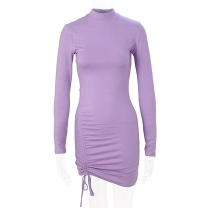 vmtvr -  Spring Autumn Sexy Party Dress Women Long Sleeve Ruched Bodycon Black Purple Turtleneck Bandage Mini Dresses vestidos