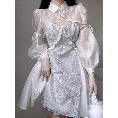 vmtvr  - Elegant Women Two Pieces Sets Vintage White Embroidered Slip Dress Chinese Style Overall Casual Party Ladies Outfits New