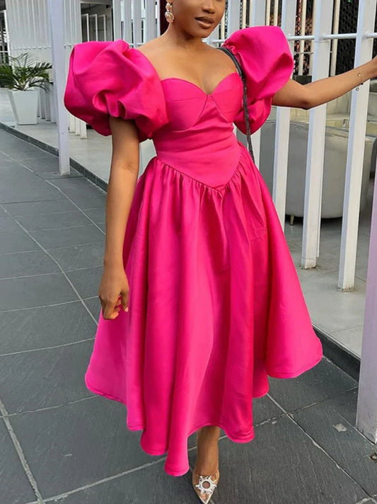 vmtvr  -  Classy A Line Dresses for Women Sweetheart Neck Puff Sleeves Backless Pleated Midi Dress Summer Elegant Sweet Casual Party Wear