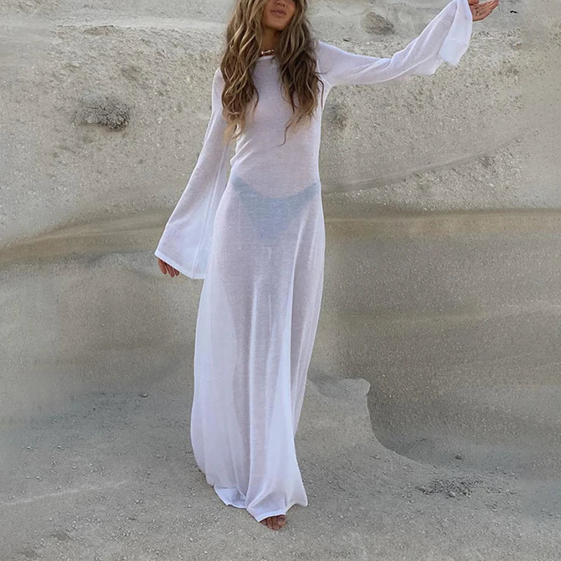 vmtvr Elegant White Knit Long Sleeve Beach Dress Holiday Sexy Open Back Club See Through Summer Party Maxi Dresses Robe