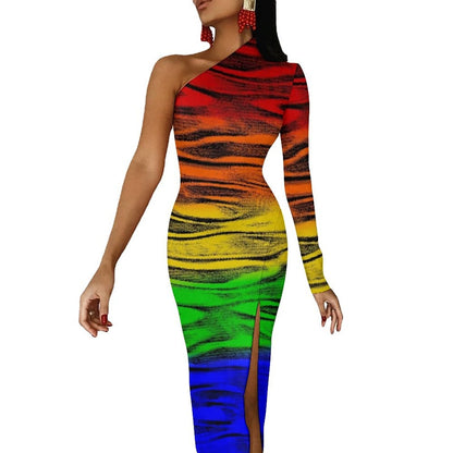 Rainbow Colors Maxi Dress Long Sleeve Colorful Aesthetic Cute Bodycon Dress High Slit Party Long Dresses Women Pattern Vestidos