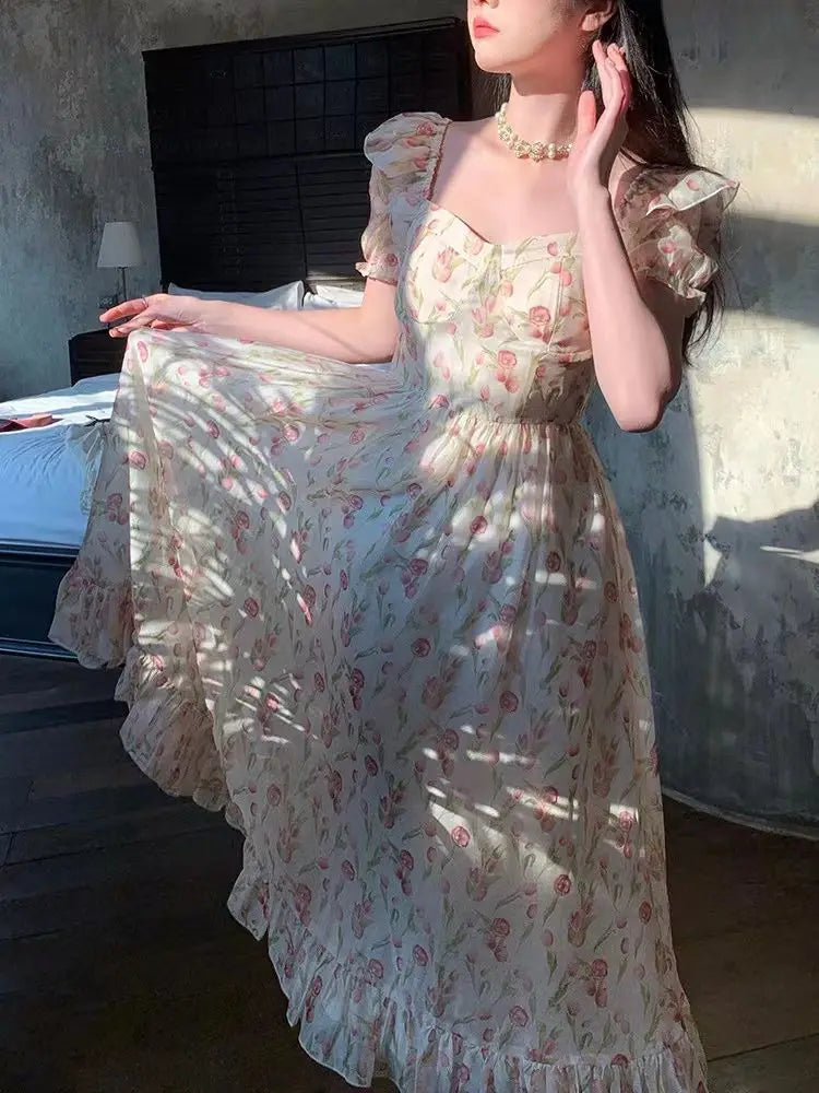 Summer Floral Print Elegant Dress Women France Vintage Evening Party Midi Dresses Female Puff Sleeve Korean Sweet Dress New