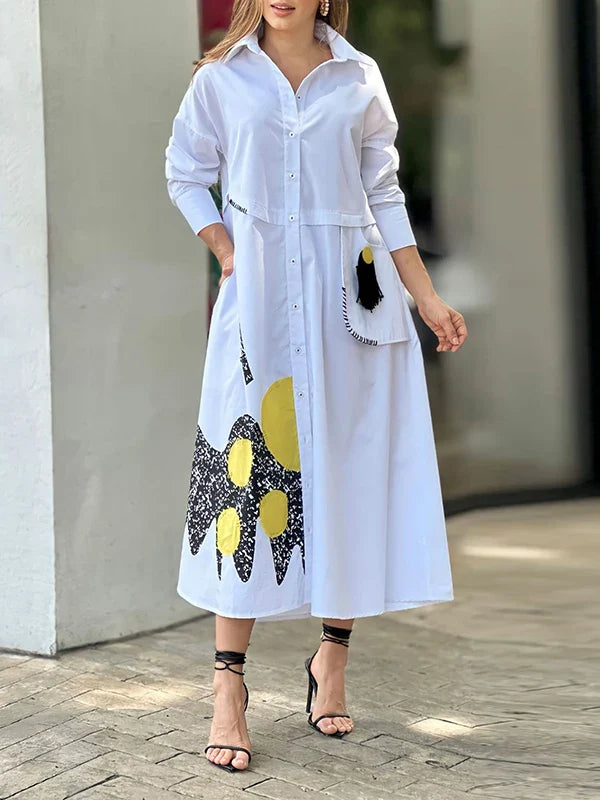 vmtvr  -  Women Fashion Elegant Printed Lapel Shirt Dress New Spring Autumn Long Sleeves Loose Casual Going Out Midi Dresses