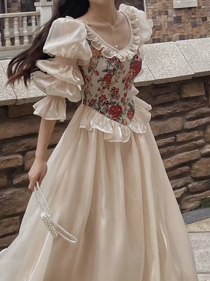 Vintage Elegant Print Floral Dress Women O-neck Casual Evening Party Midi Dress Female Puff Sleeve Korea Fairy Dress