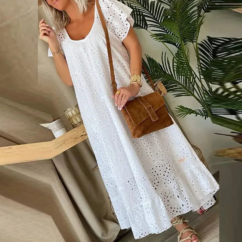 vmtvr  -  Fashion O-neck Ruffled Long Dress Elegant Lace Crochet Hollow Loose Party Dress Women Casual Short Sleeve Solid Maxi Dress