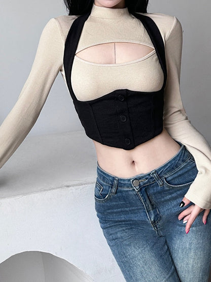 -Fall Outfits  Fashion Underbust Corset Skinny Women T Shirt Basic Slim Autumn Cropped Tops Korean Chic Cut Out Outfits Shirts