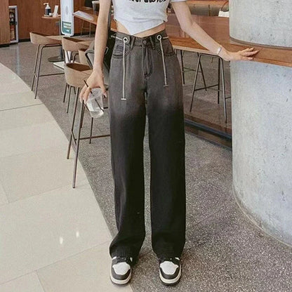 vmtvr High Waist Women Gradient Jeans Korean Fashion Designed Chains Loose Wide Leg Pants Summer All Match Female Denim Trousers