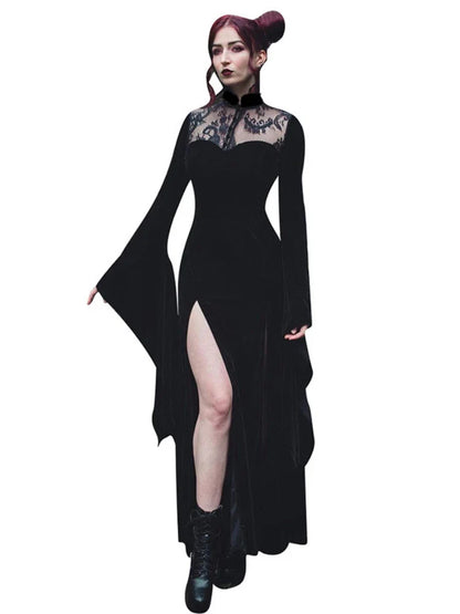 vmtvr  -  Halloween Party Long Dress Black High Waist Flared Sleeve Lace Cutout Gothic Maxi Dress Street Aesthetic Clubwear Maxi Dress