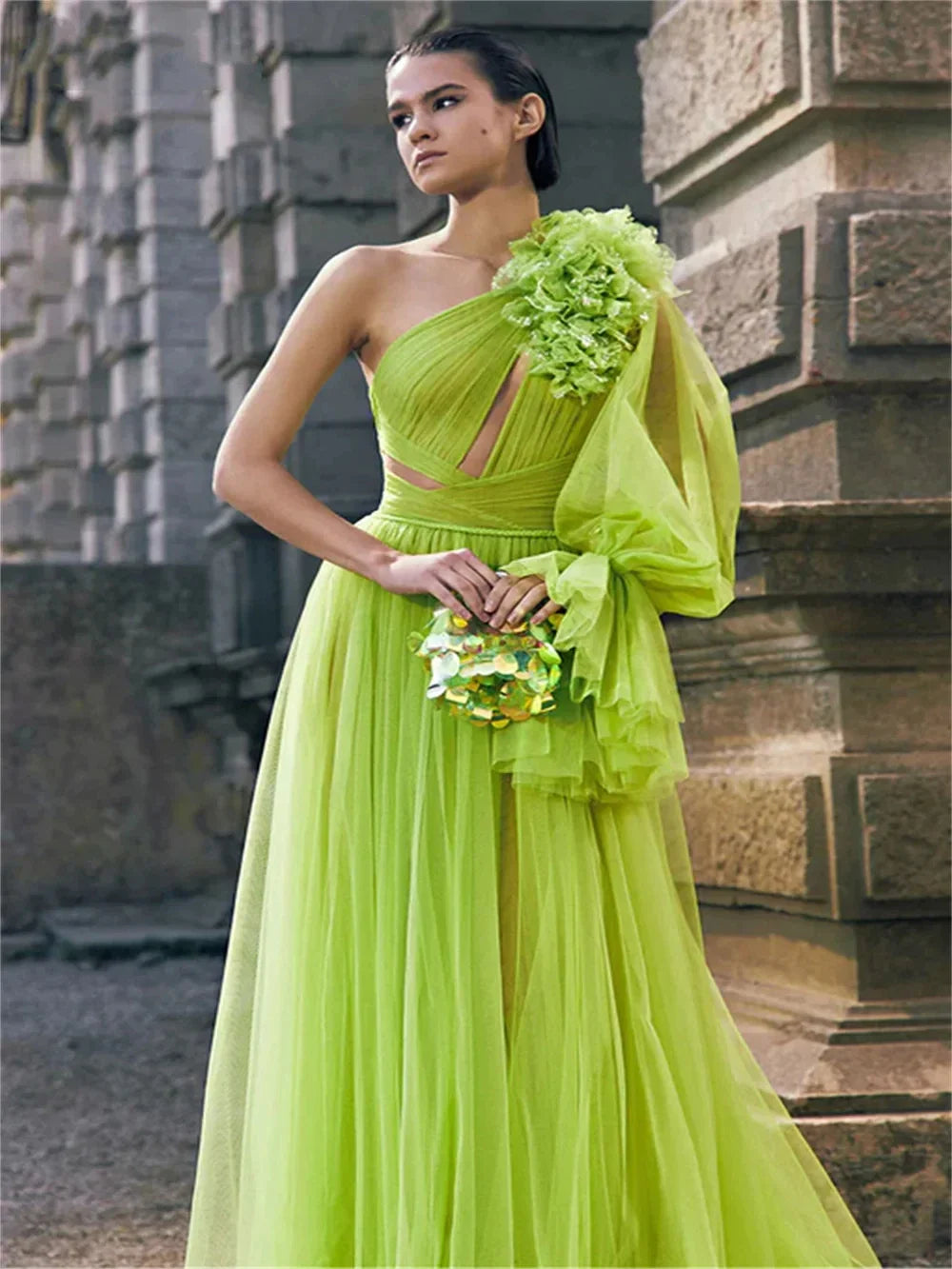 vmtvr  - Green pleated one shoulder long sleeved 3D flower beach mop cocktail party birthday party concert evening dress