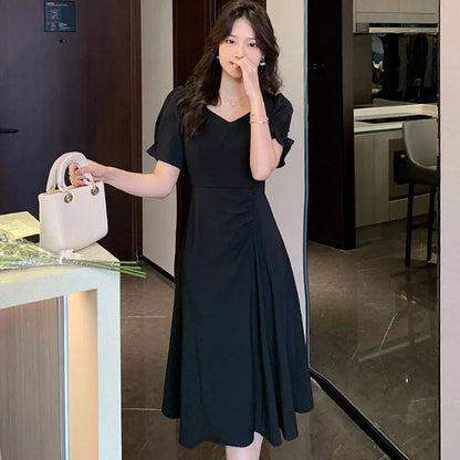 vmtvr Summer Pink Puff Sleeve Square Collar Midi Dresses Women Korean Vintage Hepburn Dress 2024 Black Dresses for Official Occasions