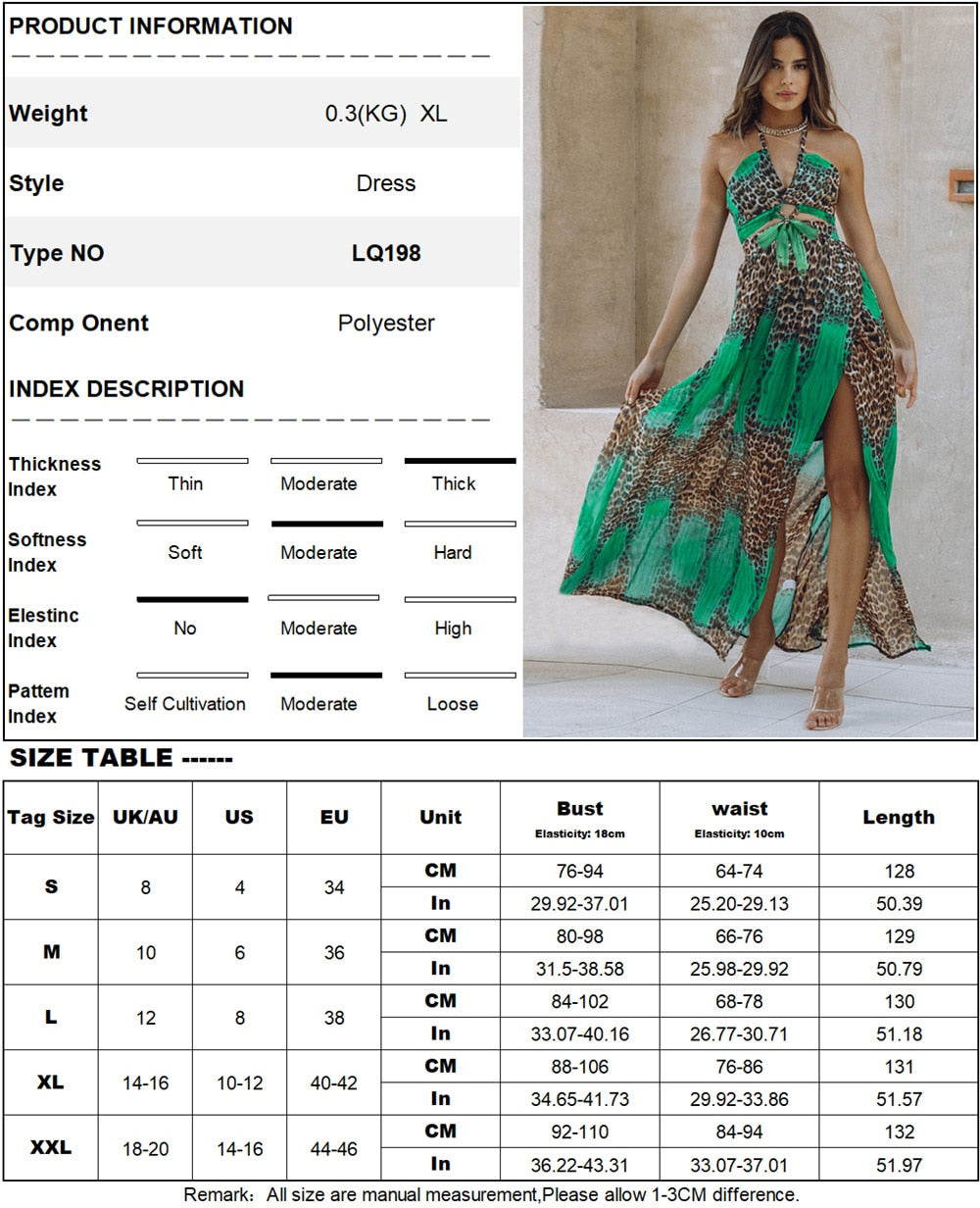 Sexy Backless Leopard Print Bohemia Dresses V Neck Halter Lace Up Beach Dress for Women High Waist Slim Split Maxi Summer Dress