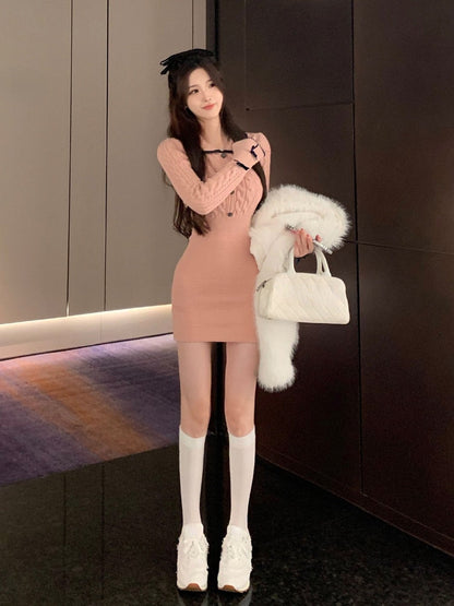 Winter Elegant Knitted Dress Women Kawaii Clothing  Bodycon Y2k Mini Dress Female Slim One Piece Dress Korean Fashion Chic