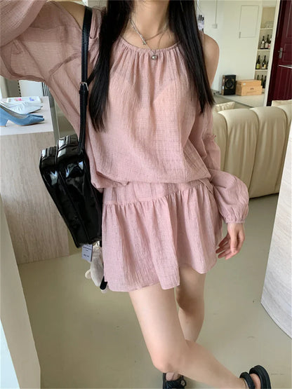 vmtvr Loose-Fitting Women Two Pieces Suits Off Shoulders Blouses Solid New Summer Mini Casual Skirts Streetwear Sets