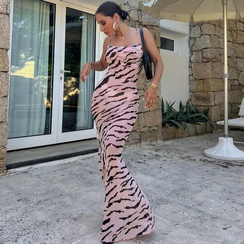 vmtvr  -  Zebra Print Beach Dress Women Sexy Mesh See Through Backless Long Dresses Summer Fashion Spaghetti Strap Slim Holiday Dress