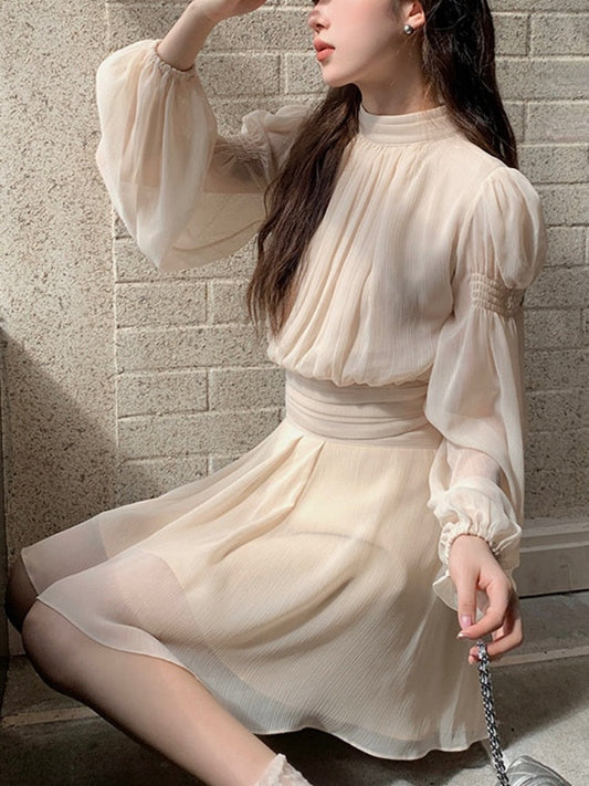 vmtvr - 2023 Spring Sweet 2 Piece Dress Set Women Long Sleeve Blouse Y2k Mini Dress Office Lady Elegant Korean Fashion Suits Pure Color