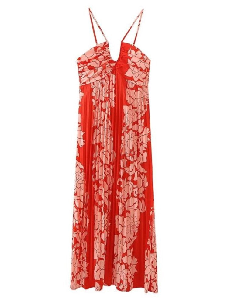 Sexy Printed Pleated Halter Maxi Dress Women Fashion Sleeveless Backless High Waist Dresses Summer Elegant Party Vacation Robe