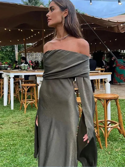 vmtvr  -  Elegant Off Shoulder Party Dress Women Slash Neck Split Long Sleeve Dresses Female Spring Summer Backless Lady Streetwear