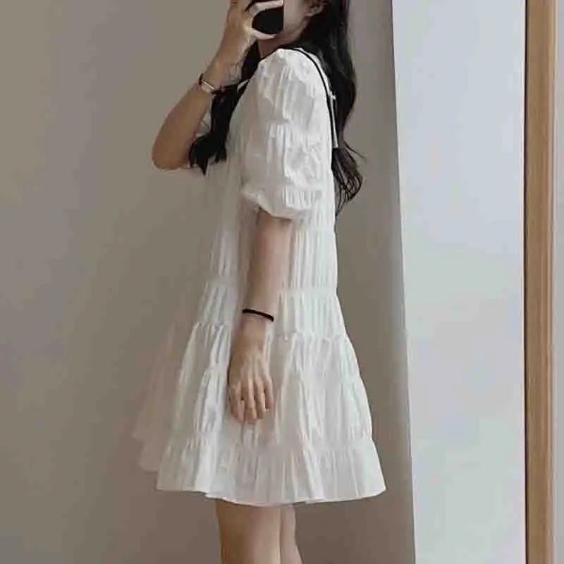 New Casual Loose Short Sleeve Summer Beach Dress White Fashion French Pleaded Dress for Women Evening Party Dresses Robe 27992