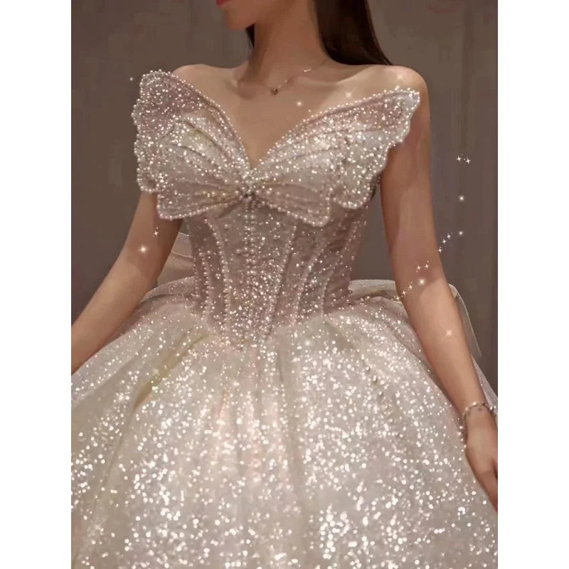 vmtvr  -  Wedding Dress Dinner Gala Party Bridal Robe Gown Off Shoulder Butterfly Fairy Princess Sequin formal occasion Bride Dresses H892