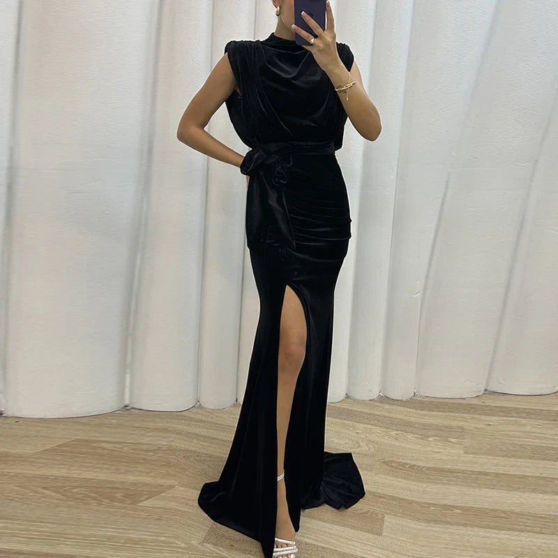 vmtvr Sexy O-neck Sleeveless Soft Velvet Party Dress Women Spring Solid Slim High Slit Draped Long Dress Summer Hollow Mermaid Dresses