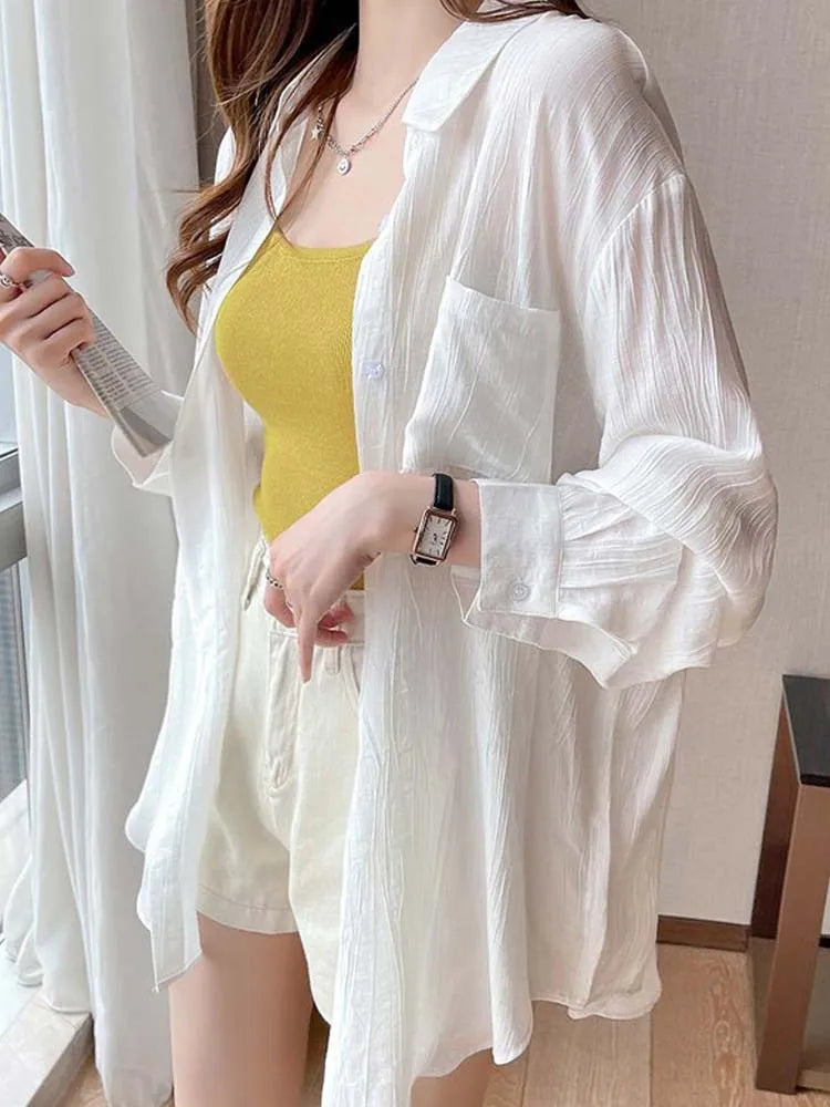 -Korean Style Shirt Women Summer  Sunscreen Blouse Ladies Ice Silk White ong Sleeve Sun Protection Cardigan Thin Coat