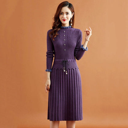 vmtvr - Fake Two Pieces Pleated Knitted Dress Women Vintage Ruffle Long Sleeve Bottoming Sweater Dresses Fall Casual Slim Midi Vestidos