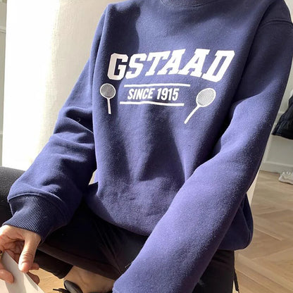 -Retro sports style outfit streetwear 90s fashion Gstaad Since 1915 Vintage Letters Printing Crewneck Sweatshirts Women Autumn Navy Long Sleeve Loose Cotton Thick Warm Pullover