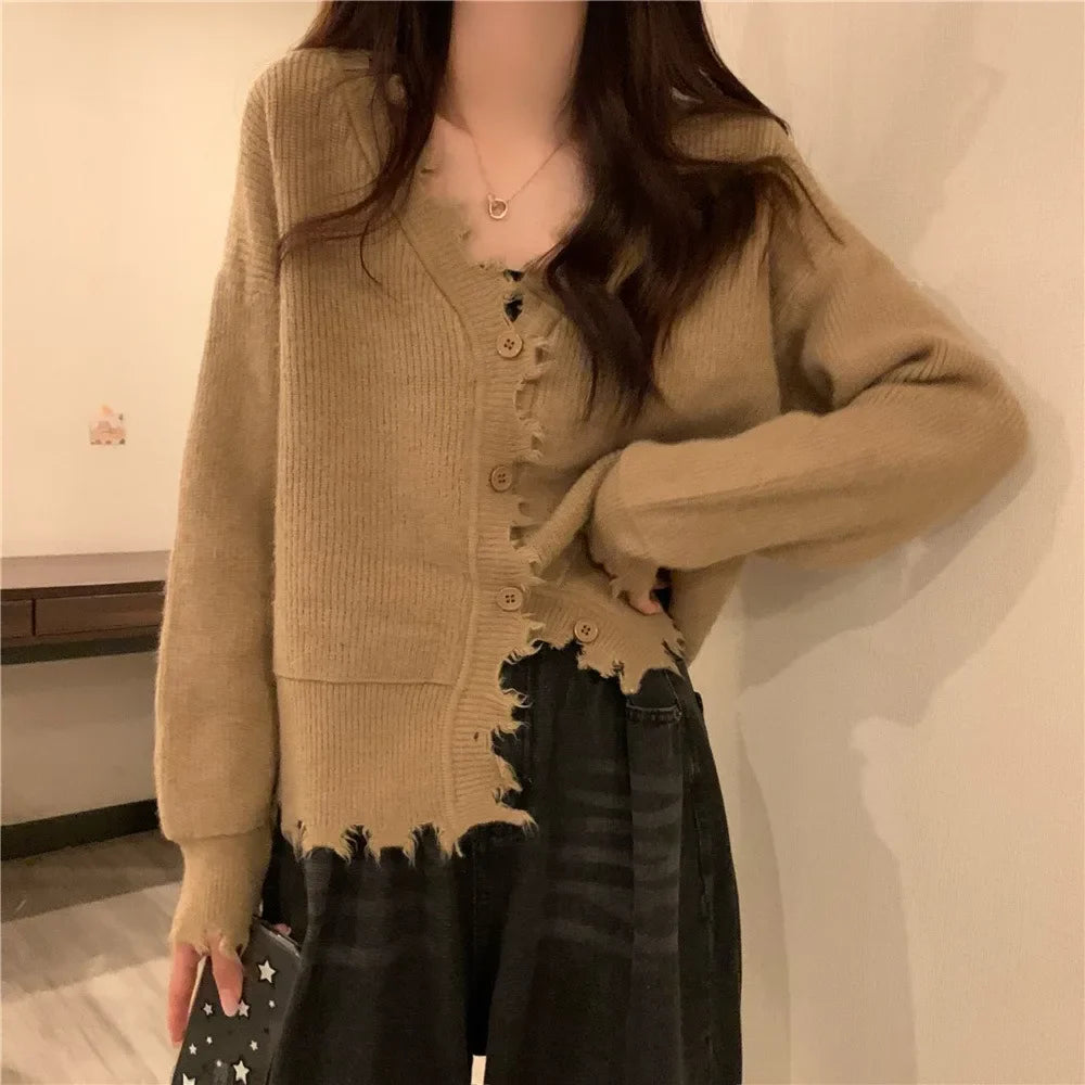 vmtvr French Style Sweater Cardigan Women Long Sleeve V-neck Frayed Sweaters Autumn Winter Cropped Kintted Cardigan Elegant Streetwear