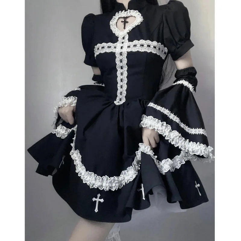 vmtvr  -  Japanese Gothic Cosplay Dress Female Harajuku Maid Kawaii Lolita Dress Women Costumes Hollow Out Long Sleeve Lace Y2k Clothes