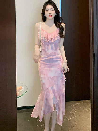 vmtvr 2024 Pink Chiffon Chic Ruffled Sling Long Dress Summer Elegant Casual Beach Sundress Women Korean Bodycon Mermaid Evening Dress